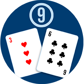 兩張撲克牌：左邊一張為紅心3，右邊為梅花6。兩張牌上方有一個圓圈，圈內為數字9